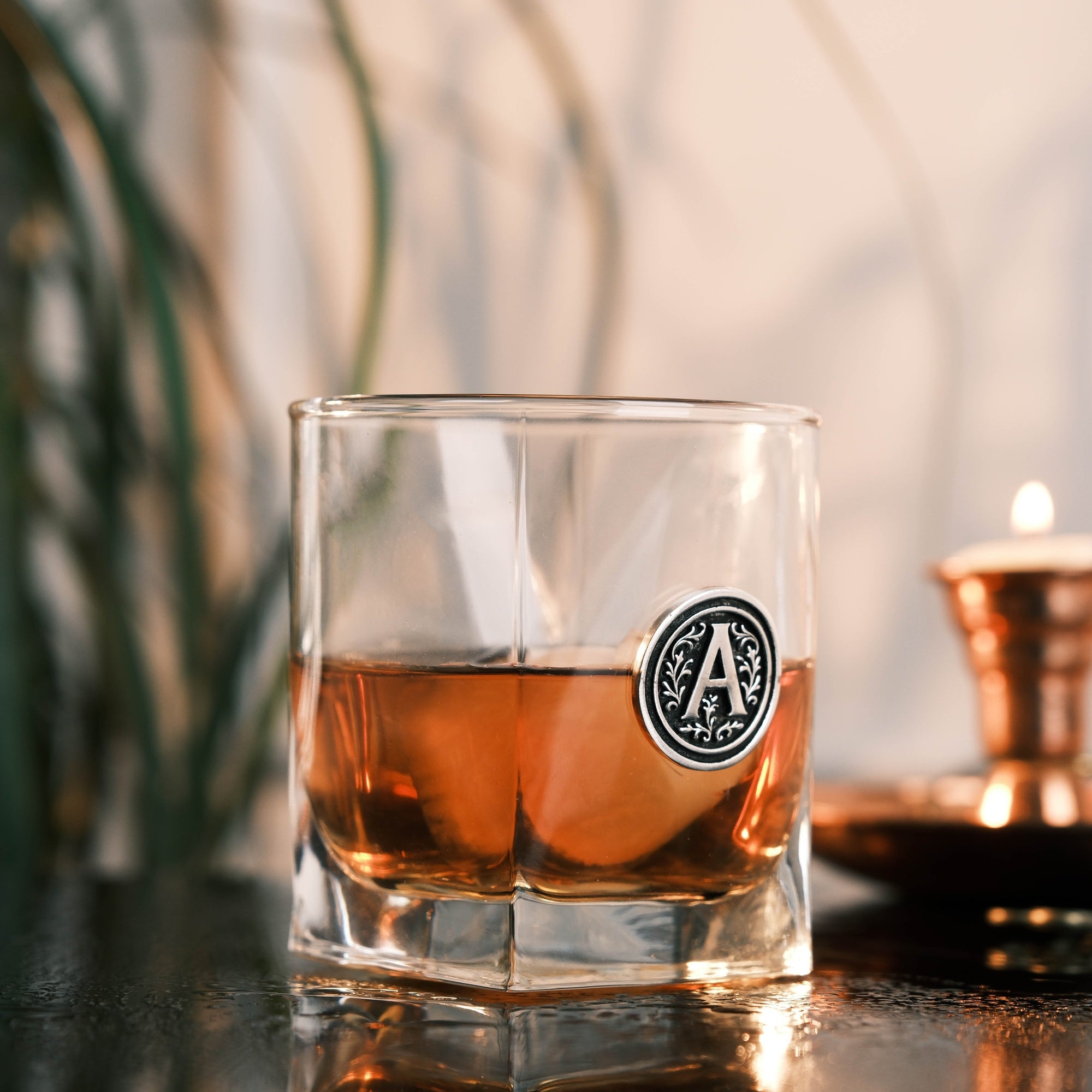 Personalized Whiskey Glass with Metal Initial Emblem