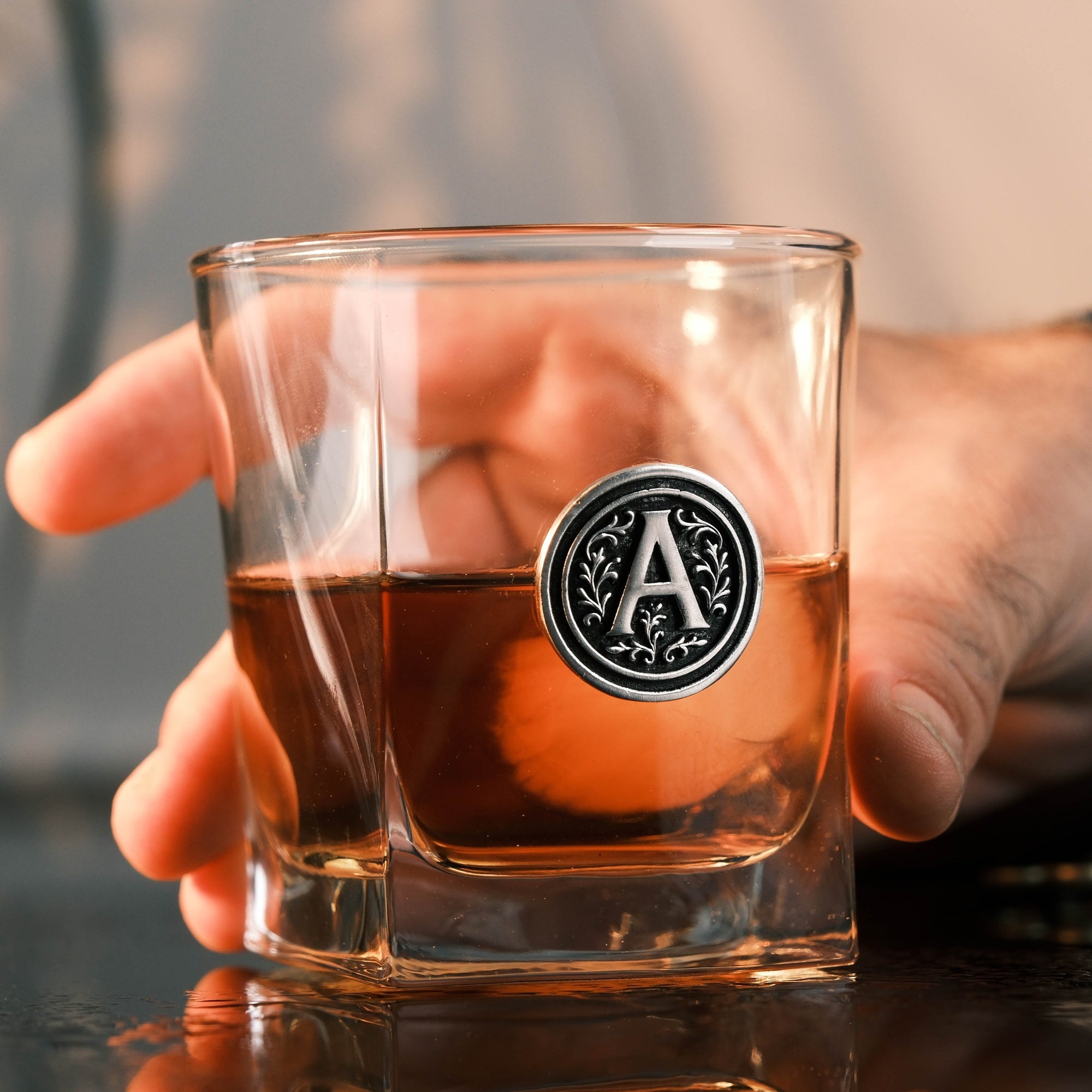Personalized Whiskey Glass with Metal Initial Emblem