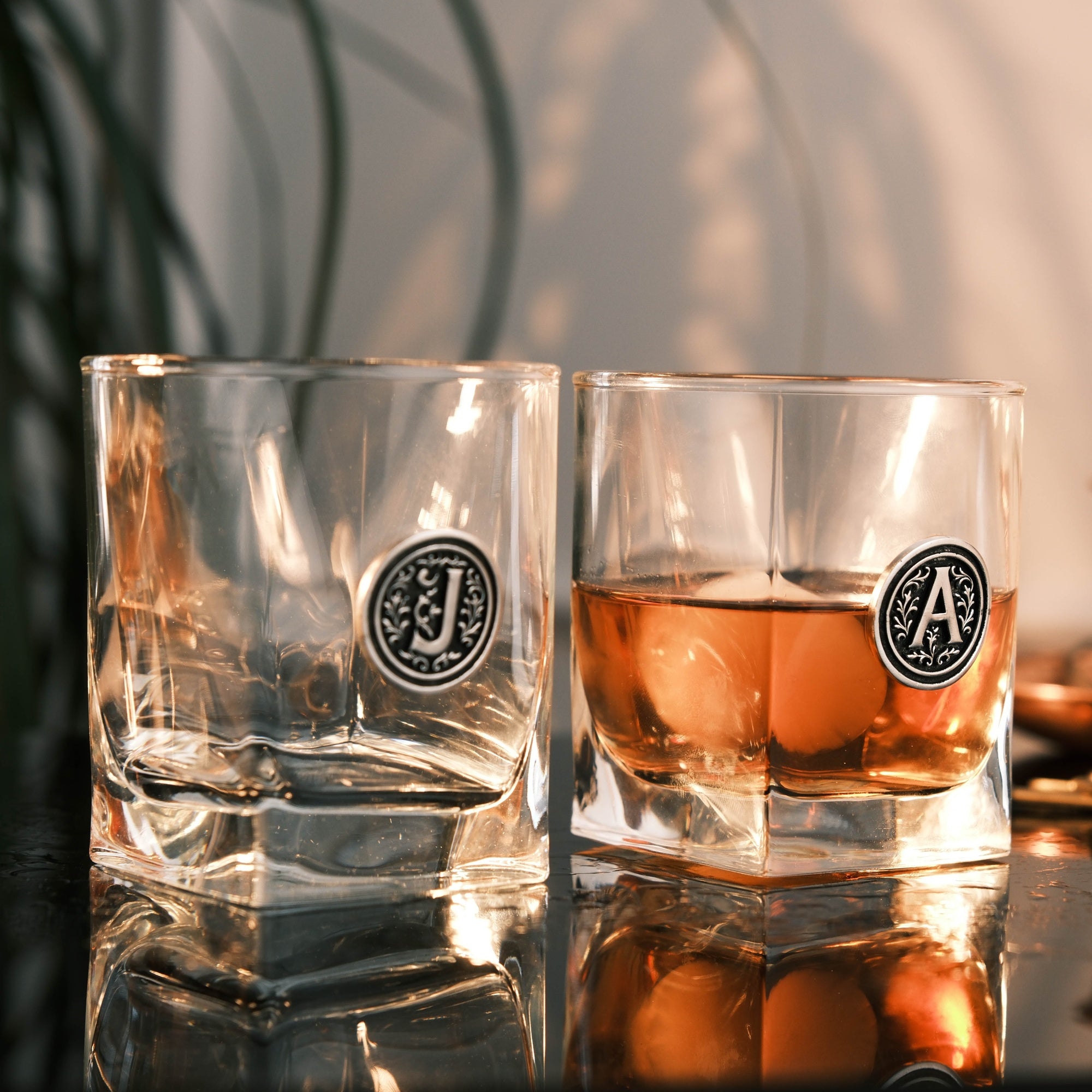 Personalized Whiskey Glass with Metal Initial Emblem