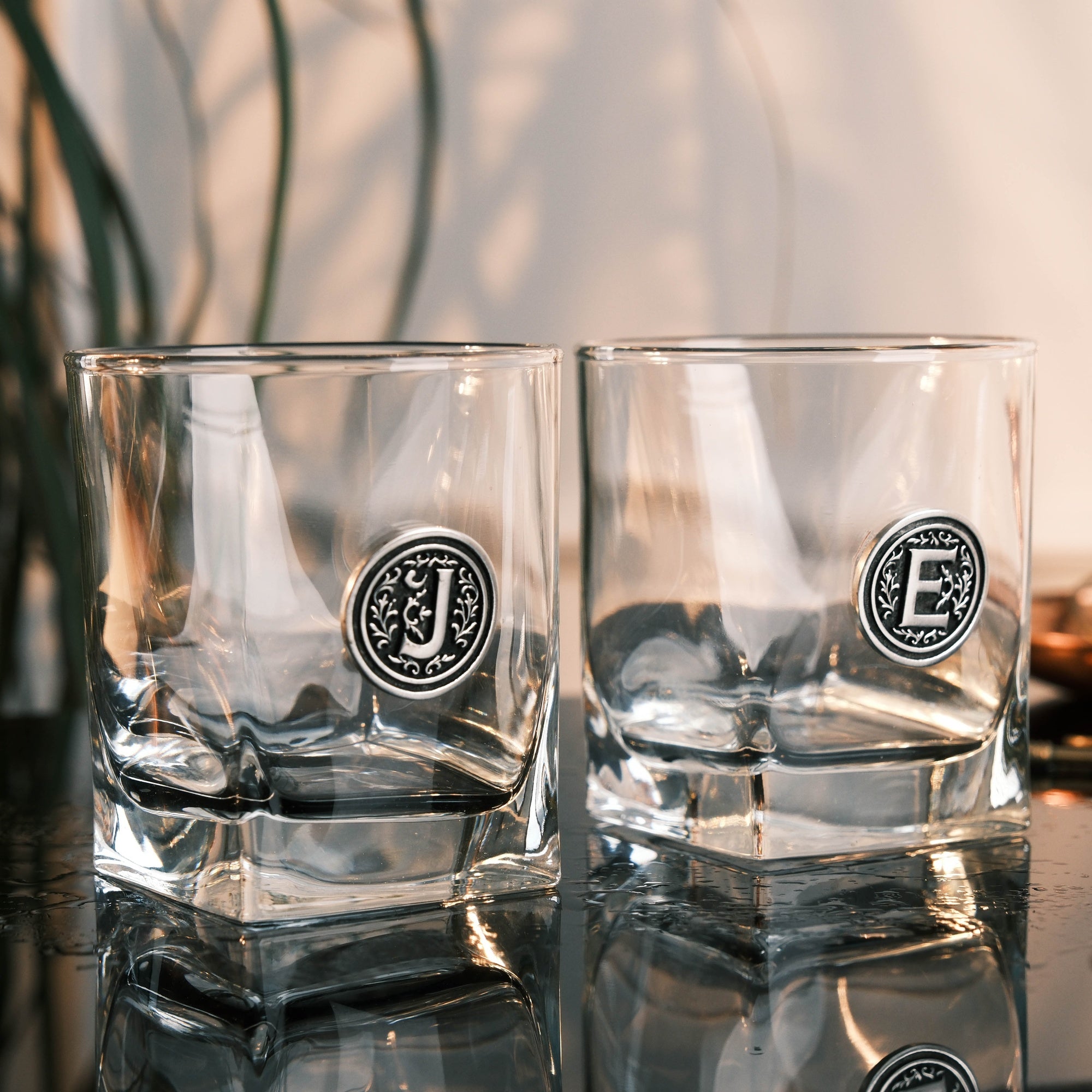 Personalized Whiskey Glass with Metal Initial Emblem