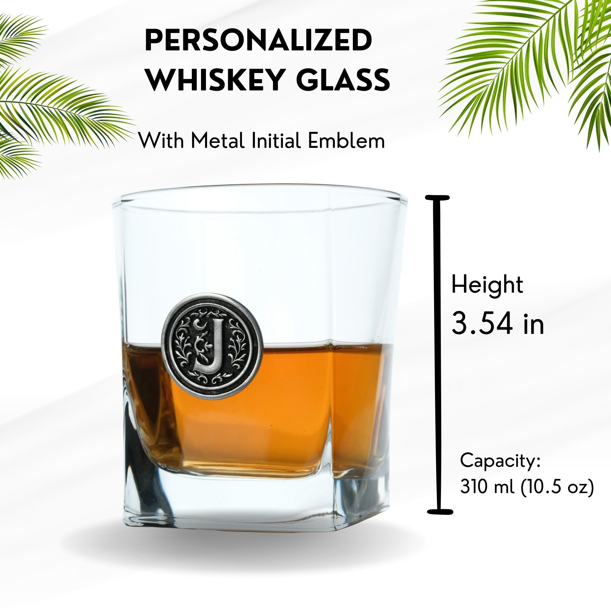 Personalized Whiskey Glass with Metal Initial Emblem