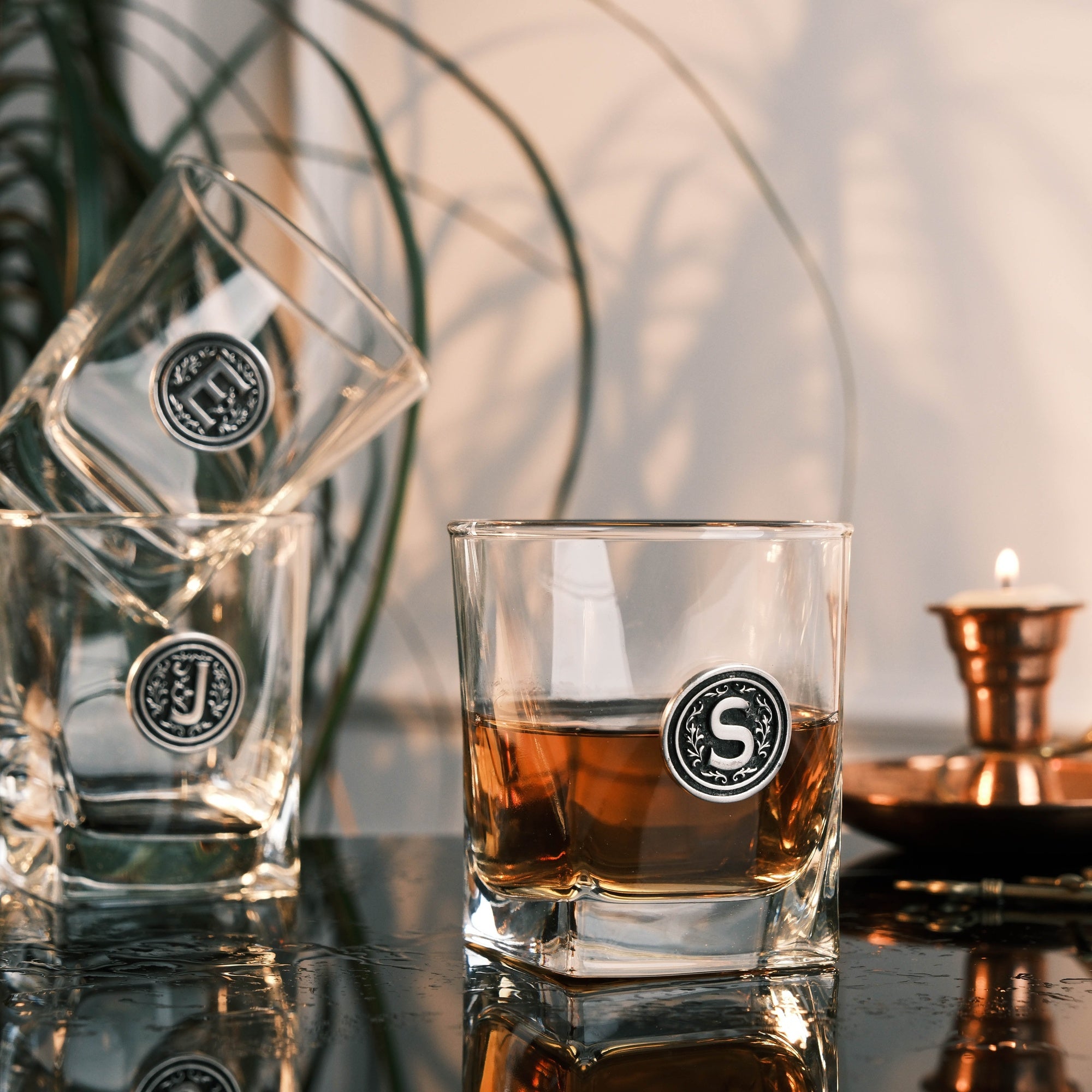 Personalized Whiskey Glass with Metal Initial Emblem